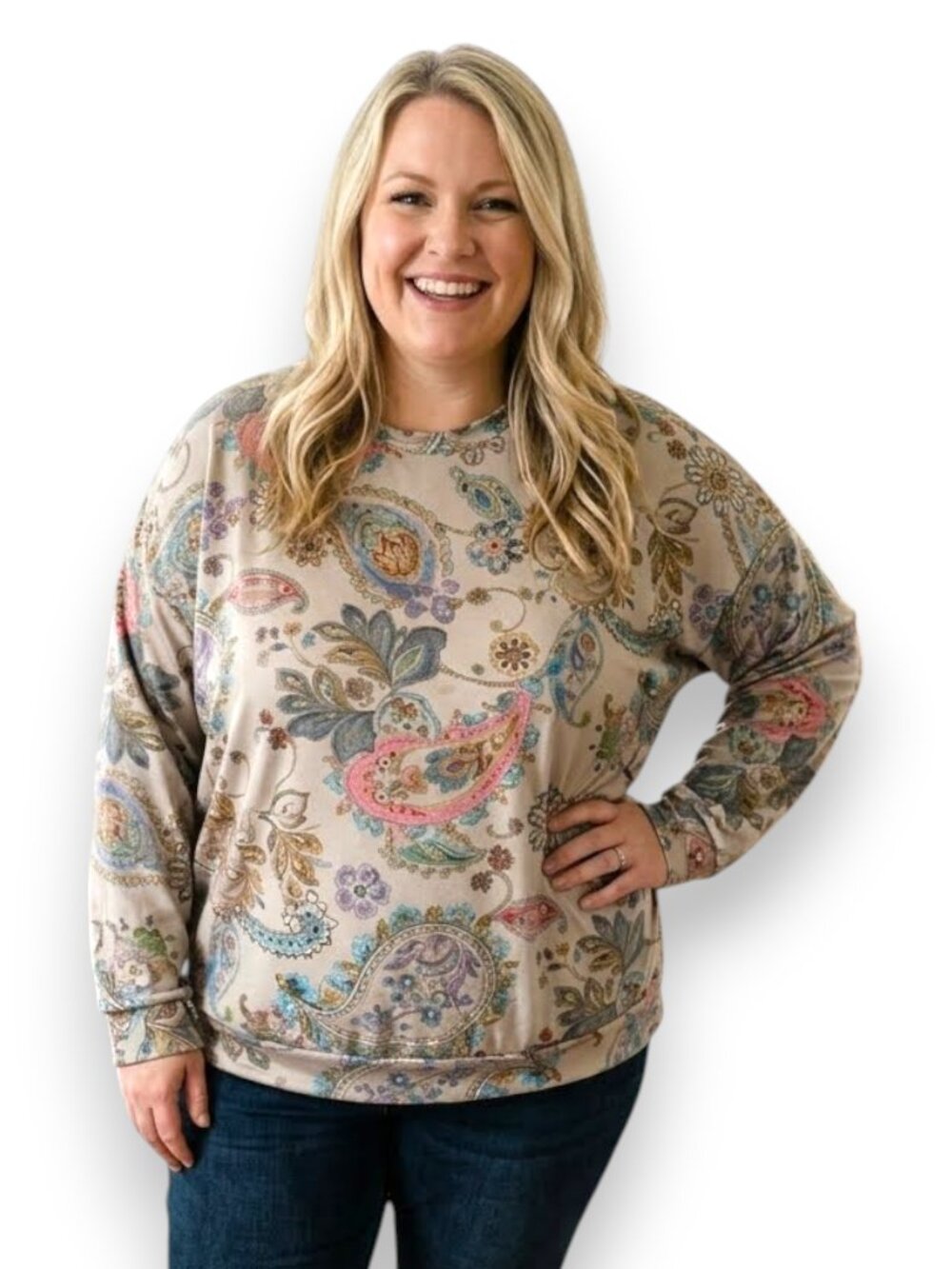 Women's Boho Paisley Floral Pullover Sweatshirt Top Beige Pink Size 3X EUC